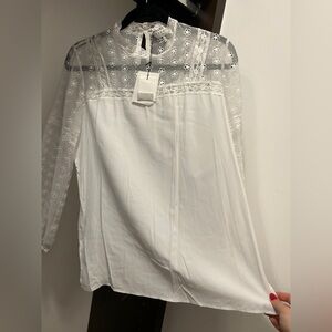 Sandro White Blouse with Lace Sleeves
